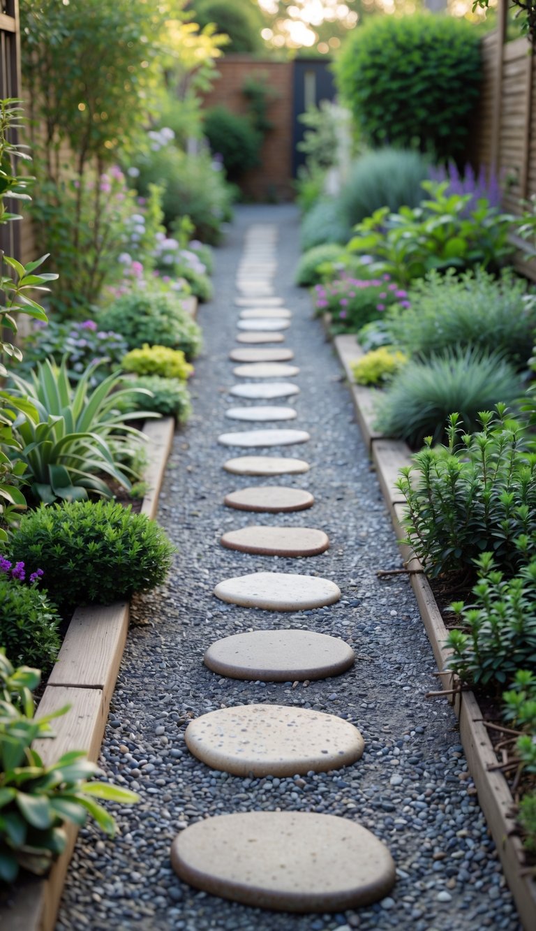 A narrow garden path made of gravel and stepping stones surrounded by green plants and flowers.